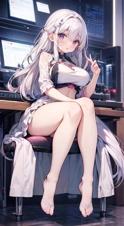 Kizi, breasts big, cute, Caucasian skin, baby face, pink eyeballs, White hair, good figure, super long and beautiful legs, white stockings, 8K, Computer graphics quality, master works, perfects eyes, eye details, right fingers, right thighs, NO extra fingers, no extra legs