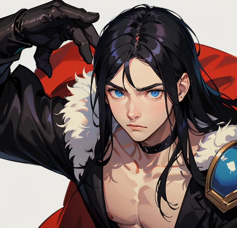 Short and muscular man, grown-up, with long black hair, attached at shoulder height, blue eyes and fair skin