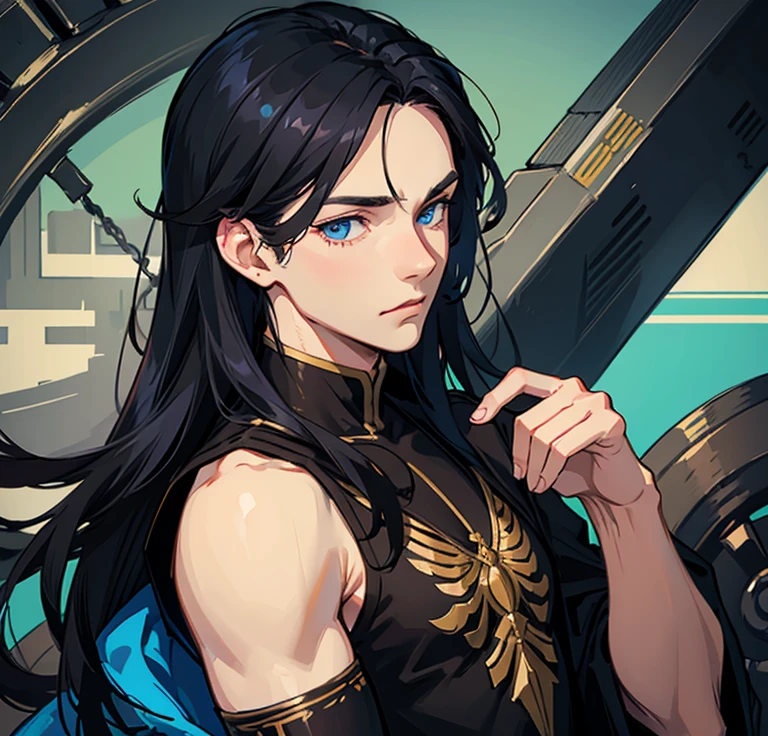 Short and muscular man, grown-up, with long black hair, attached at shoulder height, blue eyes and fair skin