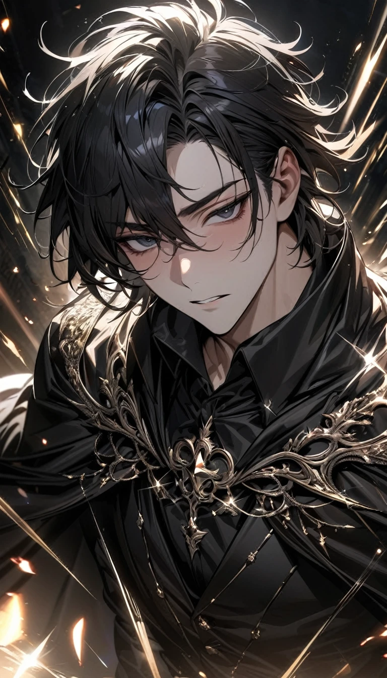 Ultra detailed, HDR, Highres, absurdres, master piece, expressive black eyes, black hair, black shirt, black and white suit, y man, solo, extremely detailed face and eyes, extremely handsome, glittering, black cape,