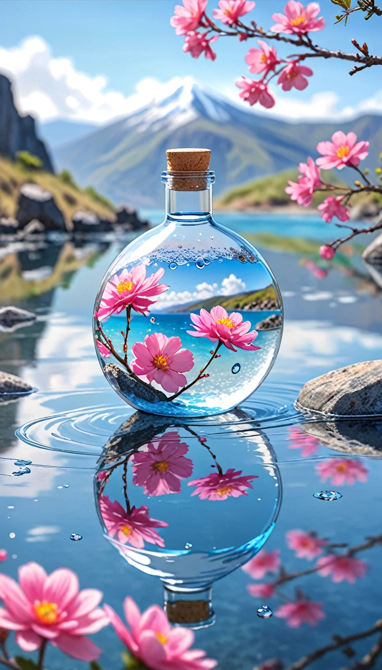 Outdoor, Bottle, water, Without humans, still life, Blurred, bubble, scenery, water drop, Ocean, Day, null, blue null, cloud, Blurred background, Depth of written boundary, reflection, alone, rock, Motion Blur, Mountain,Pink Flower, branch, ice