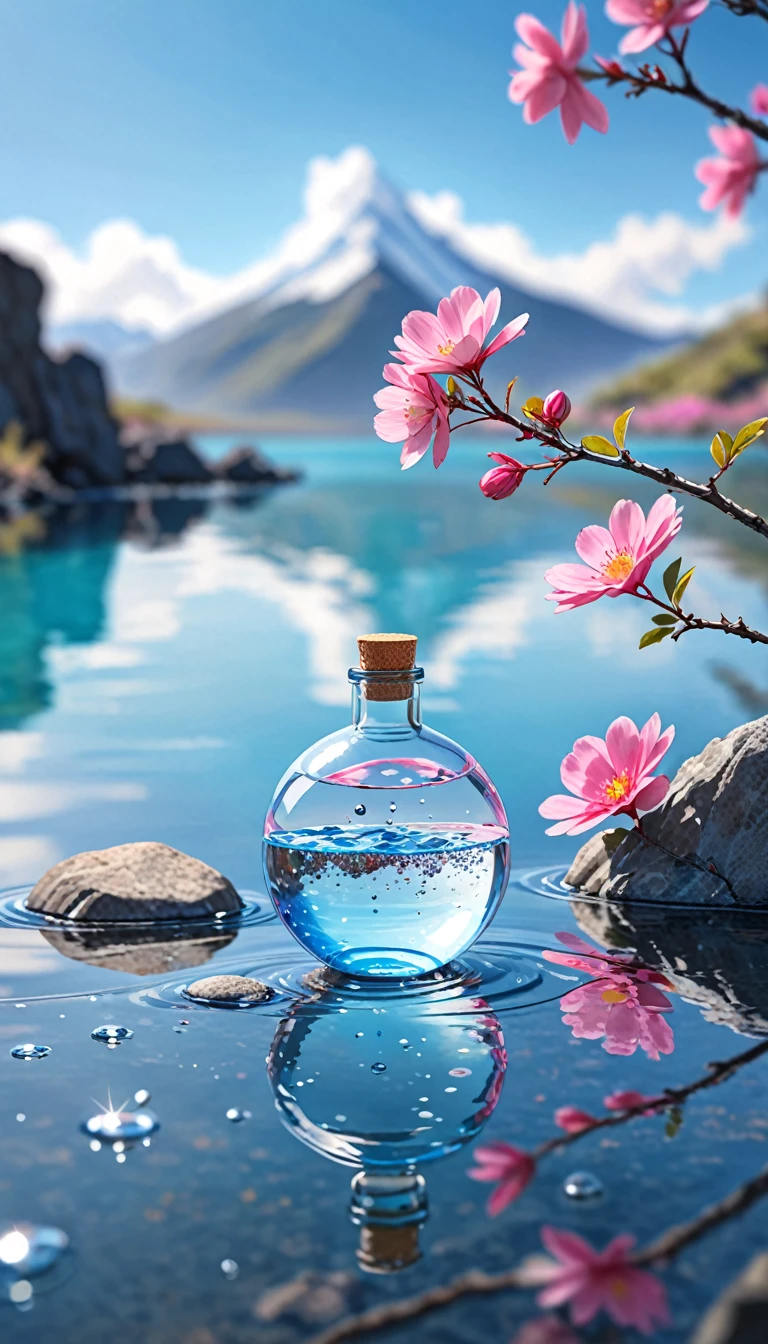 Outdoor, Bottle, water, Without humans, still life, Blurred, bubble, scenery, water drop, Ocean, Day, null, blue null, cloud, Blurred background, Depth of written boundary, reflection, alone, rock, Motion Blur, Mountain,Pink Flower, branch, ice