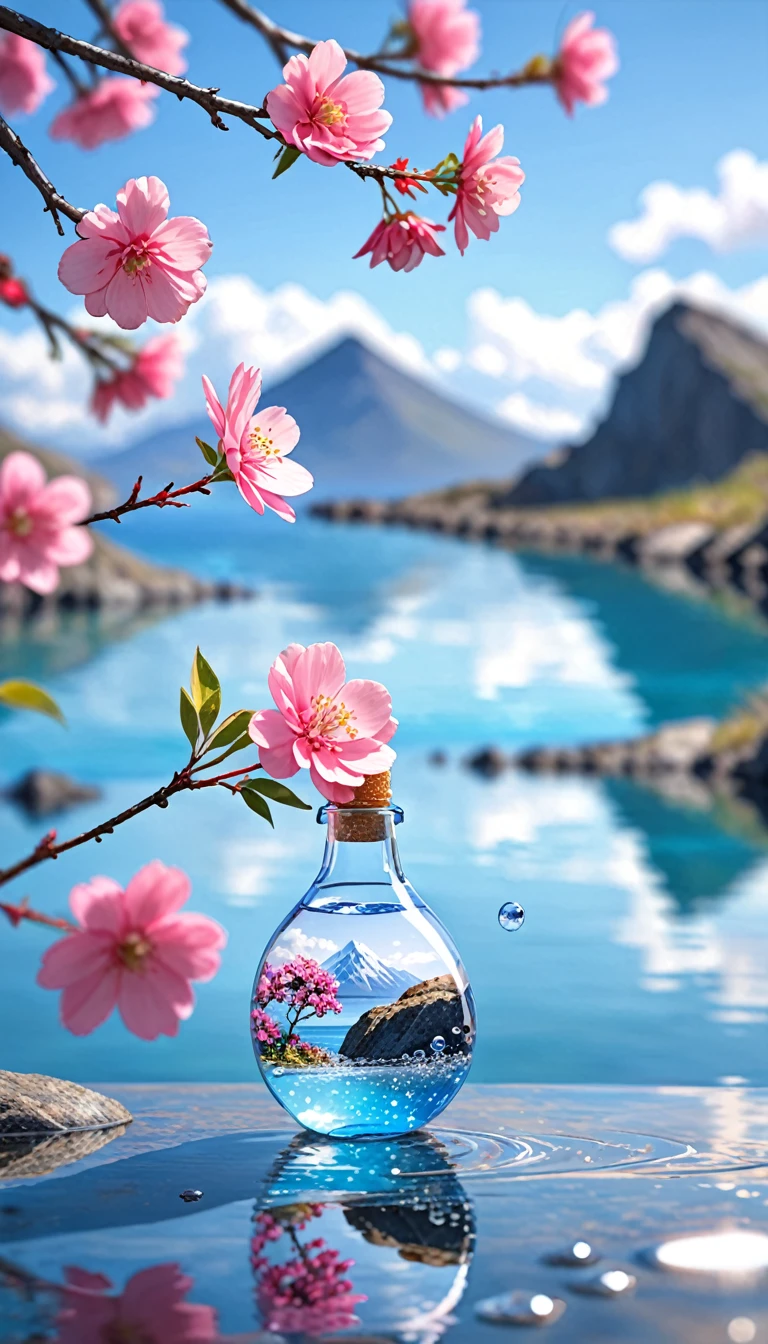 Outdoor, Bottle, water, Without humans, still life, Blurred, bubble, scenery, water drop, Ocean, Day, null, blue null, cloud, Blurred background, Depth of written boundary, reflection, alone, rock, Motion Blur, Mountain,Pink Flower, branch, ice