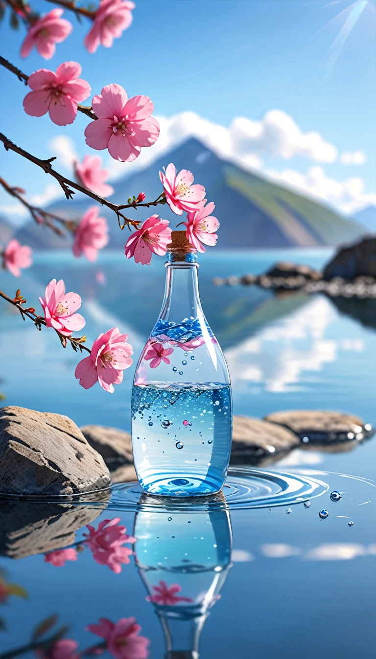 Outdoor, Bottle, water, Without humans, still life, Blurred, bubble, scenery, water drop, Ocean, Day, null, blue null, cloud, Blurred background, Depth of written boundary, reflection, alone, rock, Motion Blur, Mountain,Pink Flower, branch, ice