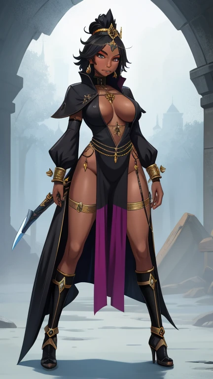 The ebony queen warrior of vice is half-undress clothes full height