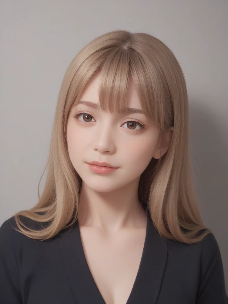 A beautiful 25-year-old Korean woman with long blonde hair and bangs, wearing a black sweater, looking at the viewer with a slight smile, realistic, photorealistic, photo, highly detailed skin and face, brown eyes, nose, and lips, portrait, (best quality, 4k, 8k, highres, masterpiece:1.2), ultra-detailed, (realistic, photorealistic, photo-realistic:1.37), HDR, UHD, studio lighting, ultra-fine painting, sharp focus, physically-based rendering, extreme detail description, professional, vivid colors, bokeh,