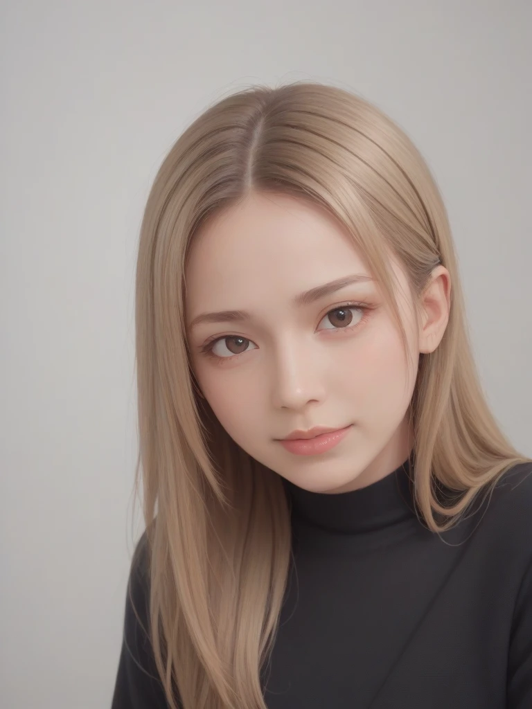 A beautiful 25-year-old Korean woman with long blonde hair and bangs, wearing a black sweater, looking at the viewer with a slight smile, realistic, photorealistic, photo, highly detailed skin and face, brown eyes, nose, and lips, portrait, (best quality, 4k, 8k, highres, masterpiece:1.2), ultra-detailed, (realistic, photorealistic, photo-realistic:1.37), HDR, UHD, studio lighting, ultra-fine painting, sharp focus, physically-based rendering, extreme detail description, professional, vivid colors, bokeh, 
