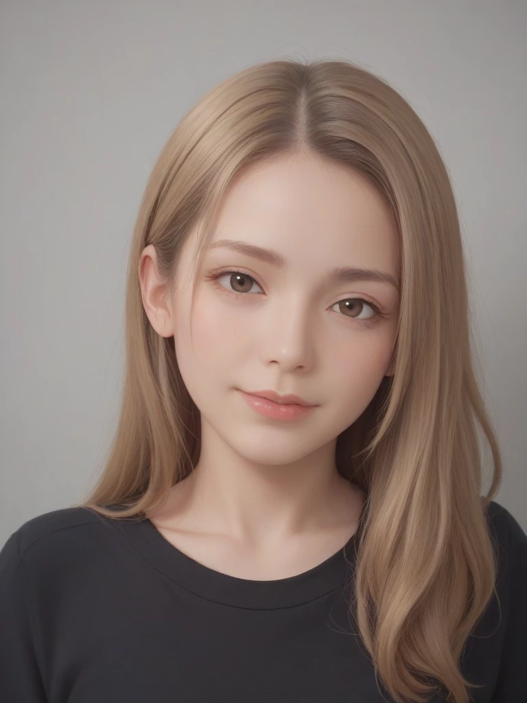 A beautiful 25-year-old Korean woman with long blonde hair and bangs, wearing a black sweater, looking at the viewer with a slight smile, realistic, photorealistic, photo, highly detailed skin and face, brown eyes, nose, and lips, portrait, (best quality, 4k, 8k, highres, masterpiece:1.2), ultra-detailed, (realistic, photorealistic, photo-realistic:1.37), HDR, UHD, studio lighting, ultra-fine painting, sharp focus, physically-based rendering, extreme detail description, professional, vivid colors, bokeh, 