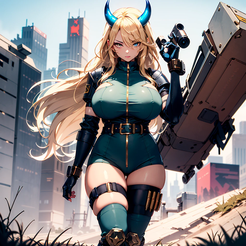 ((best quality)), ((masterpiece)), (detailed), 1girl, 8k_wallpaper, extremely detailed eyes, extremely detailed body, beautiful face, perfect face, detailed ((blonde hair)), (gold eyes), ((large big red and blue horns)), {{dark skin}}, ({dark skinned female}), gigantic , thick thighs, strong arm and leg muscles, strong abdominal muscles, Monster women, Korean women, wearing a modern short black cloth jacket with rolled up sleeves, (wearing heavy gold colored steel cyberpunk armor), a wide red leather belt with blue steel yarn, steel boots, steel thigh guards, a military radio hangs on her belt, a biker girl, she rides on anotheranet along a lilac field against the backdrop of a blue desert and high red mountains,