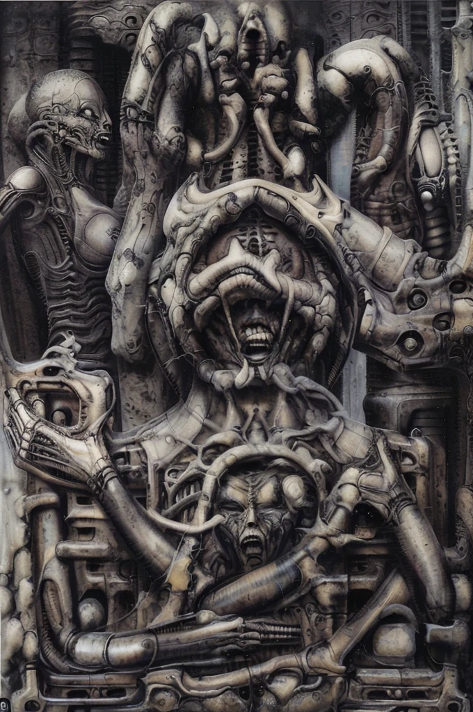 xGiger, Tableau with some of the artistic techniques and compositional features used in /“Biomechanical landscape No 312/” by H r (Hans Rudie) Giger:
The image is a surrealistic artwork featuring an alien robotics humanoid figures, each with a unique design, surrounded with pipes and gears, set against a background of intricate machinery
The central focus of the image is a nightmarish tableau of two biomechanical heads. They are connected by a network of pipes and tubes that appear to be either feeding them or draining them. The heads themselves are elongated and skeletal, with gaping maws. Their eyes are empty sockets, and their expressions are vacant and emotionless.
Heads are humanoid but industrial and ivorysh, with pipes and wires integrated throughout their structure. One face appears to be screaming, the other has its mouth open like a maw. They are surrounded by various mechanical doodads and tubes, and blend seamlessly into the background of industrial machinery.The biomechanical heads could have represented some kind of alien creatures, or they could have been machines that had become sentient
Used Airbrushing is a technique for applying paint using a device that sprays a fine mist. It is often used to create smooth, even coats of paint, and it can be used to create very detailed effects. Giger's use of airbrushing in this image creates a hyperrealistic quality to the biomechanical landscape, making it appear even more alien and unsettling. It is also often used to create very smooth and even gradients of color.
The use of a dark palette with blacks, purplish browns, and grays creates a sense of mystery and dread. The dark colors obscure the details of the image, making it difficult for the viewer to see what they are looking at. This ambiguity adds to the unsettling nature of the work. The dark colors also help to emphasize the biomechanical elements in the painting.
The background features even more machinery, including pipes, gears, and cables.