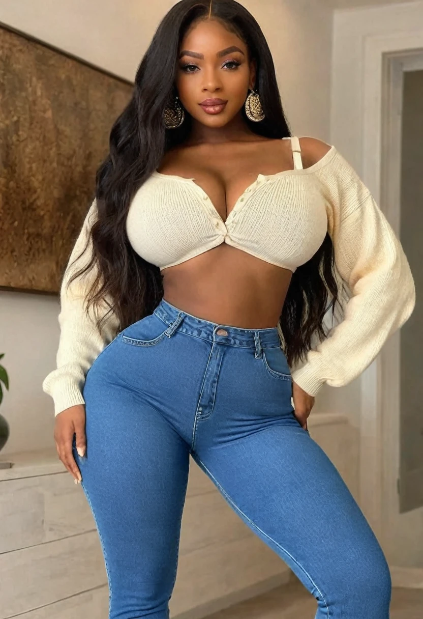 (best high quality:1.5), work of art, (8k), extremely detailed, (High details:1.4), Solo, ((HotLexi)), Angolan female with 24 years old, (wool sweater, pants denim), (medium round breasts), (perfect hourglass hot body),