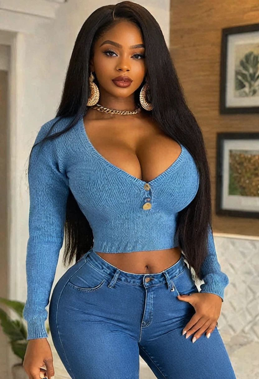 (best high quality:1.5), work of art, (8k), extremely detailed, (High details:1.4), Solo, ((HotLexi)), Angolan female with 24 years old, (wool sweater, pants denim), (medium round breasts), (perfect hourglass hot body),