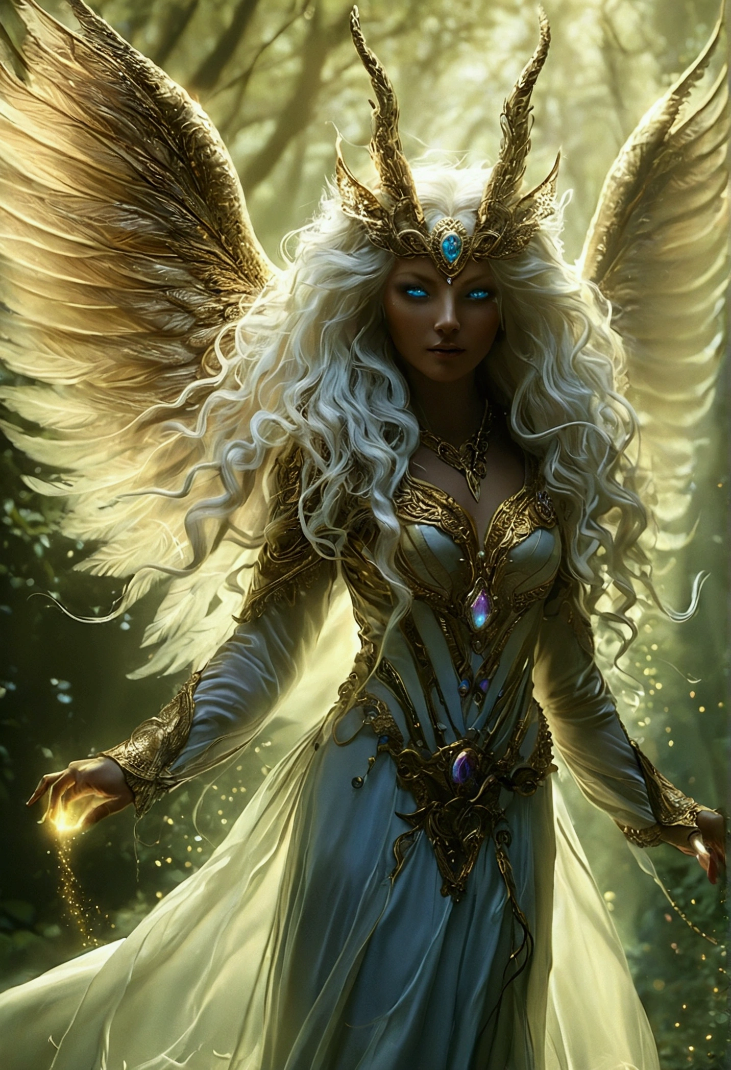 A beautiful, enchantingly elusive humanoid faunus woman, every aspect exudes magic in the midst of danger: shimmering rainbow fur, ethereal golden horn, and eyes that seem to hold the secrets of the universe. The mystical creature is surrounded by a lush, enchanted forest, bathed in the soft light of the setting sun, creating a dreamlike atmosphere that transports viewers to a realm of fantasy and wonder. This breathtaking image is a digital painting that captures the essence of the mythical creature with stunning detail and masterful technique, making it a truly mesmerizing work of art.