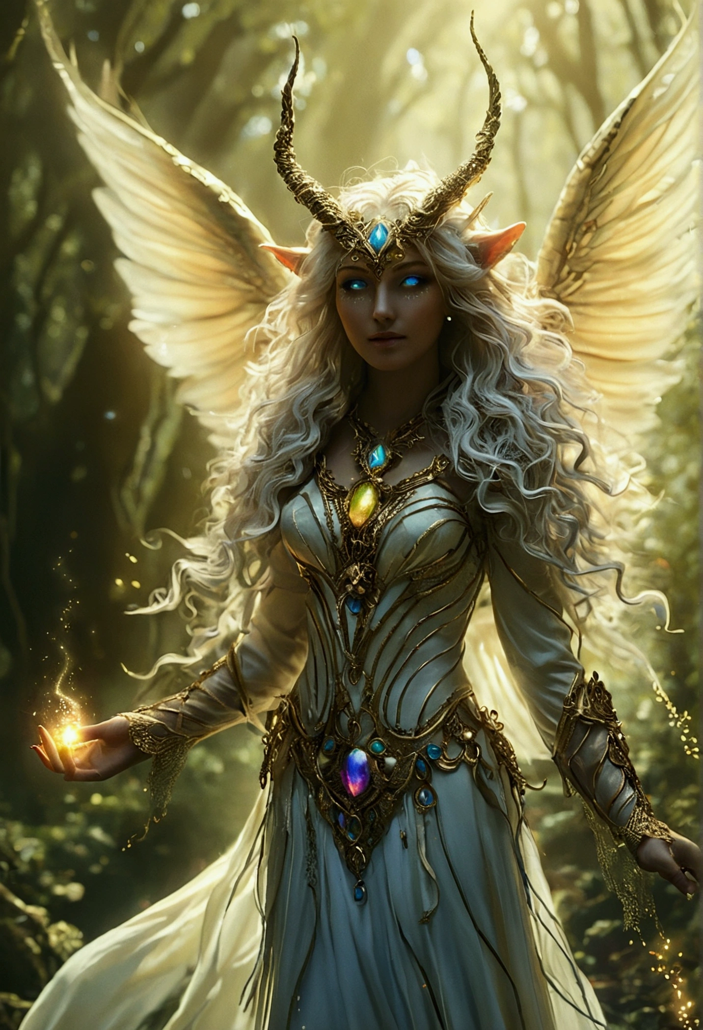 A beautiful, enchantingly elusive humanoid faunus woman, every aspect exudes magic in the midst of danger: shimmering rainbow fur, ethereal golden horn, and eyes that seem to hold the secrets of the universe. The mystical creature is surrounded by a lush, enchanted forest, bathed in the soft light of the setting sun, creating a dreamlike atmosphere that transports viewers to a realm of fantasy and wonder. This breathtaking image is a digital painting that captures the essence of the mythical creature with stunning detail and masterful technique, making it a truly mesmerizing work of art.