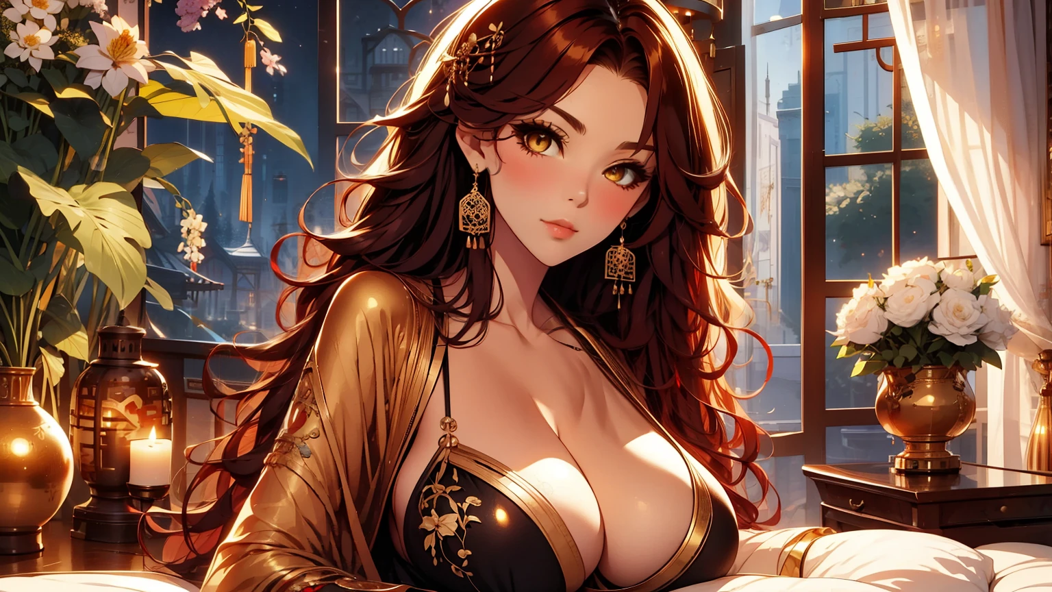 beautiful, marika, queen marika, black dress, deep cleavage, wavy red hair, golden eyes, bra, pool curtain, sexy, sensual, flower garden, full figure, perfect anatomy,