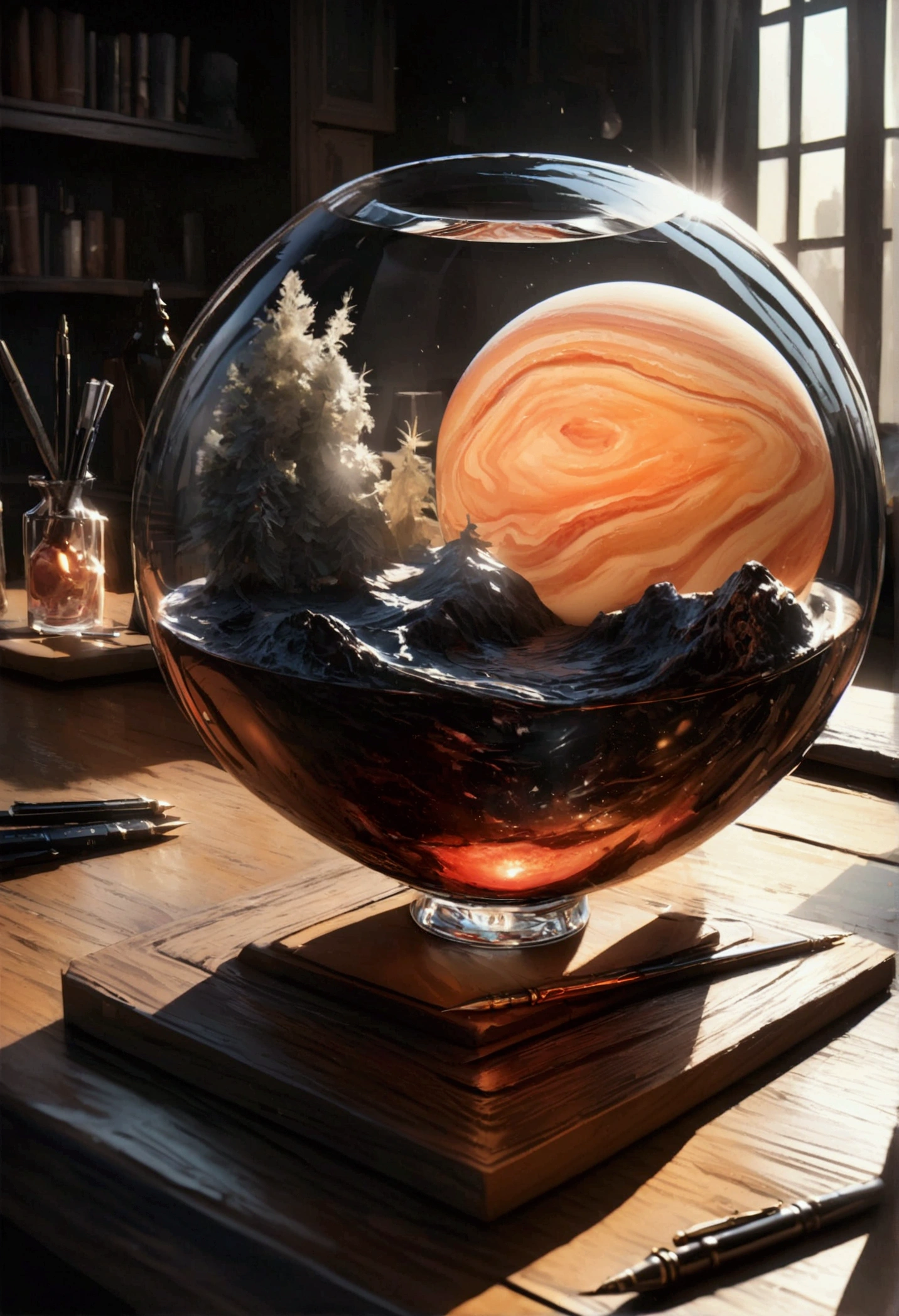 Universe in a cup, The entire universe exists inside a crystal......, Planets and galaxies in glass, Wooden dining table, Ultra-realistic, Very detailed, Dramatic lighting, 4K, Ultra HD, Realist, Bright colors, and, UHD rendering, Pen and ink, Perfect composition, beautifully、Exquisitely crafted、Incredibly Detailed Octane Trends on Art Station, 8k art photography, Arte conceptual fotorRealist, Perfect cinematic lighting and soft, Natural volume