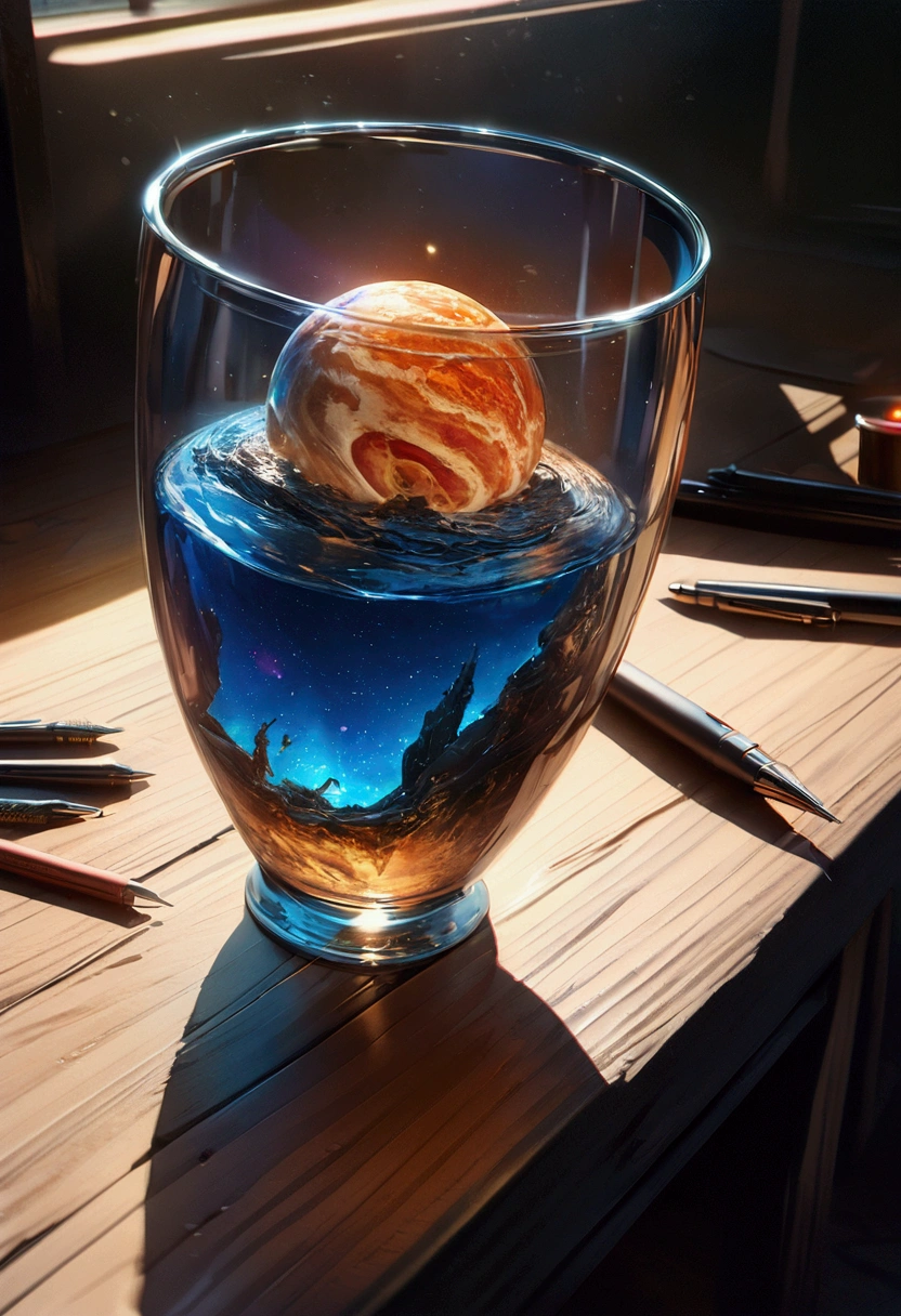 Universe in a cup, The entire universe exists inside a crystal......, Planets and galaxies in glass, Wooden dining table, Ultra-realistic, Very detailed, Dramatic lighting, 4K, Ultra HD, Realist, Bright colors, and, UHD rendering, Pen and ink, Perfect composition, beautifully、Exquisitely crafted、Incredibly Detailed Octane Trends on Art Station, 8k art photography, Arte conceptual fotorRealist, Perfect cinematic lighting and soft, Natural volume