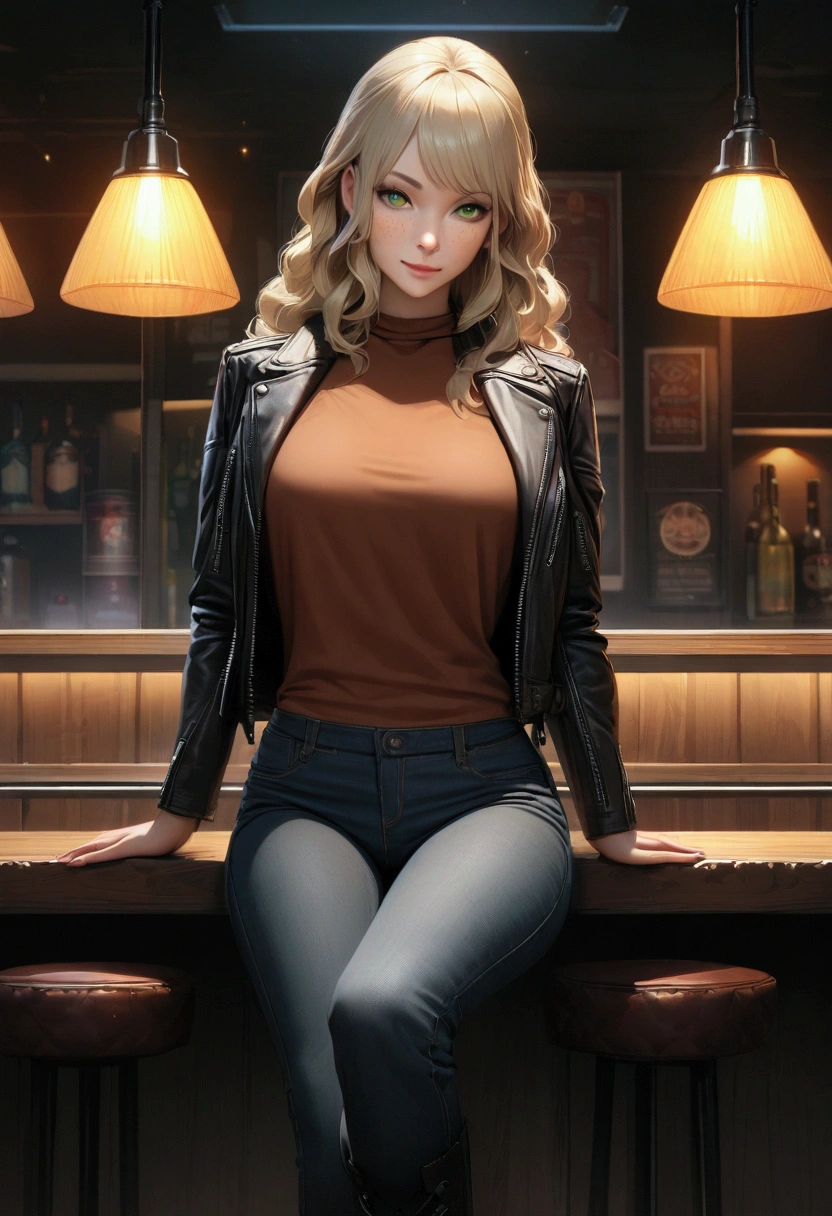 Photorealistic tall, slender woman sitting on a bar stool in a relaxed posture at a dive bar. Long, wavy blond hair, strong features, green eyes. Black jeans, high heeled combat boots, a leather jacket over a fitted light-colour crew-neck t-shirt. lopsided, slight smile, freckles, wide Roman nose, high detail, 4k, full-body shot