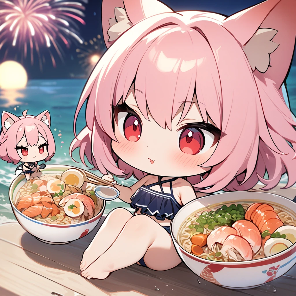 Top quality, masterpiece, chibi character, pink hair, animal ear girl, red eyes, swimsuit, seafood cup noodles, sea, fireworks