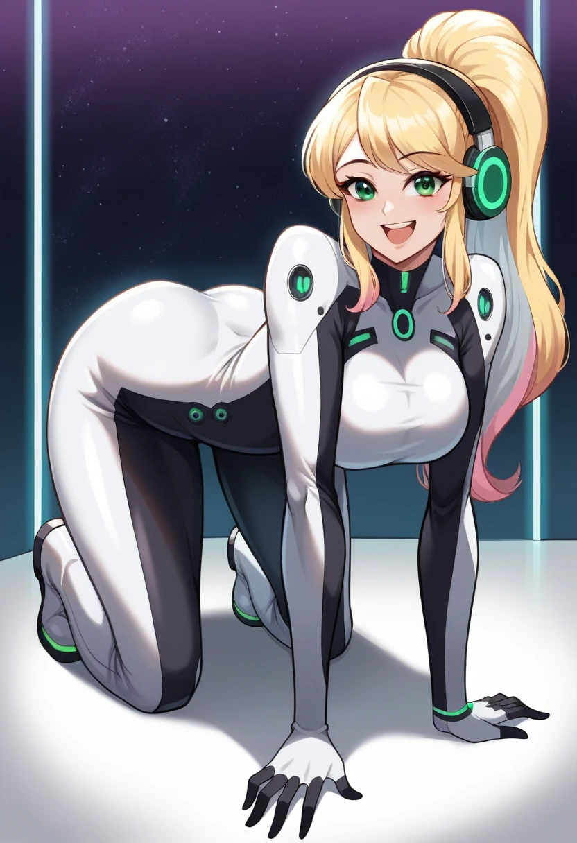 ​masterpiece:1.4, 1girl in ((20yr old, Dressed in a tight futuristic bodysuit in white and silver, long boots, huge-breasted, Multicolored blonde hair, twin ponytail, Perfect model body, Green eyes:1.4, Wearing headphones, Flirting, Happy, Big smile, on all fours, beautiful galaxy:1.2, SFSF control room on night background:1.1, Neon and energetic atmosphere:1.2)) ((Galaxy)) ((Solo:1.6))