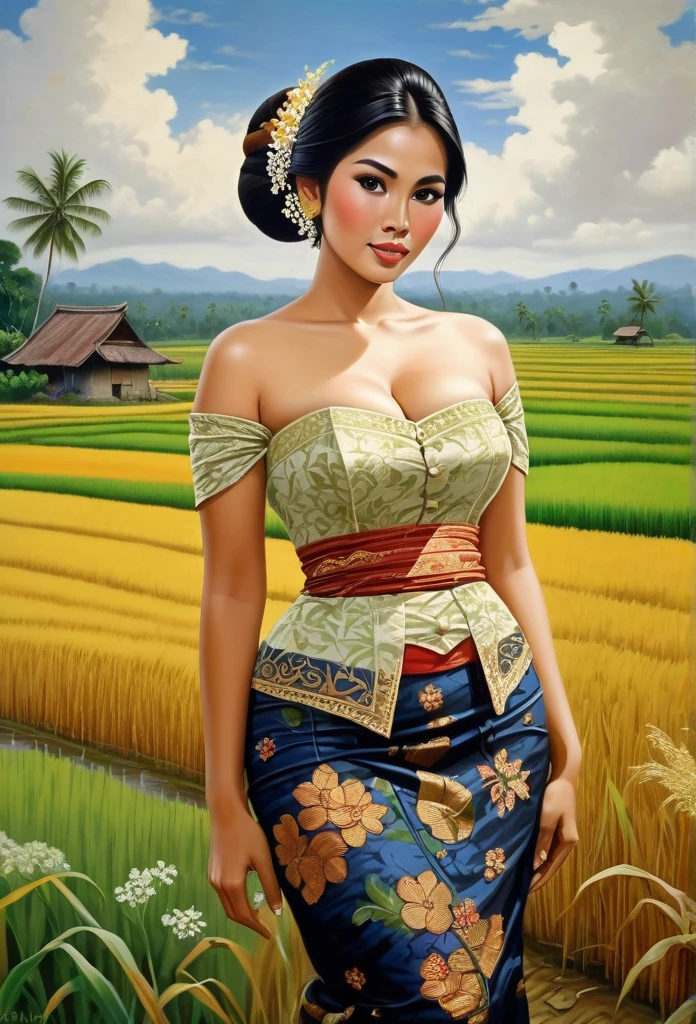 beautiful busty javanese peasant woman donning a brocade kebaya dress and batik long skirt, simple bun hairdo with small beautiful flowers in her hair, insanely detailed and intricate rice field background, oil on canvas painting, realistic style, heavily influenced by Don Lawrence photorealistic brush stroke style, huge chest, large breast, no bra, nipples standing out, nude naked, sexy Plump, Open clothes, big breasts sticking out 