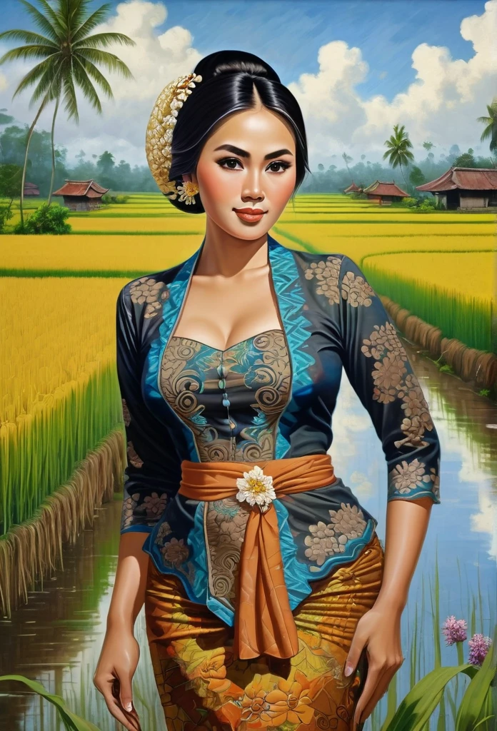 beautiful busty javanese peasant woman donning a brocade kebaya dress and batik long skirt, simple bun hairdo with small beautiful flowers in her hair, insanely detailed and intricate rice field background, oil on canvas painting, realistic style, heavily influenced by Don Lawrence photorealistic brush stroke style, huge chest, large breast, no bra, nipples standing out, nude naked, sexy Plump, Open clothes, big breasts sticking out 