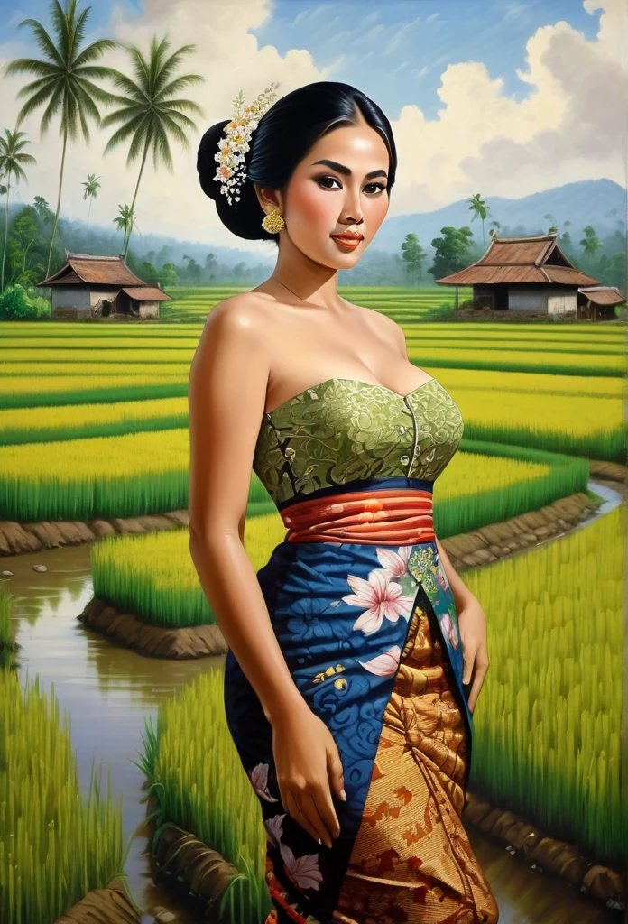 beautiful busty javanese peasant woman donning a brocade kebaya dress and batik long skirt, simple bun hairdo with small beautiful flowers in her hair, insanely detailed and intricate rice field background, oil on canvas painting, realistic style, heavily influenced by Don Lawrence photorealistic brush stroke style, huge chest, large breast, no bra, nipples standing out, nude naked, sexy Plump, Open clothes, big breasts sticking out 