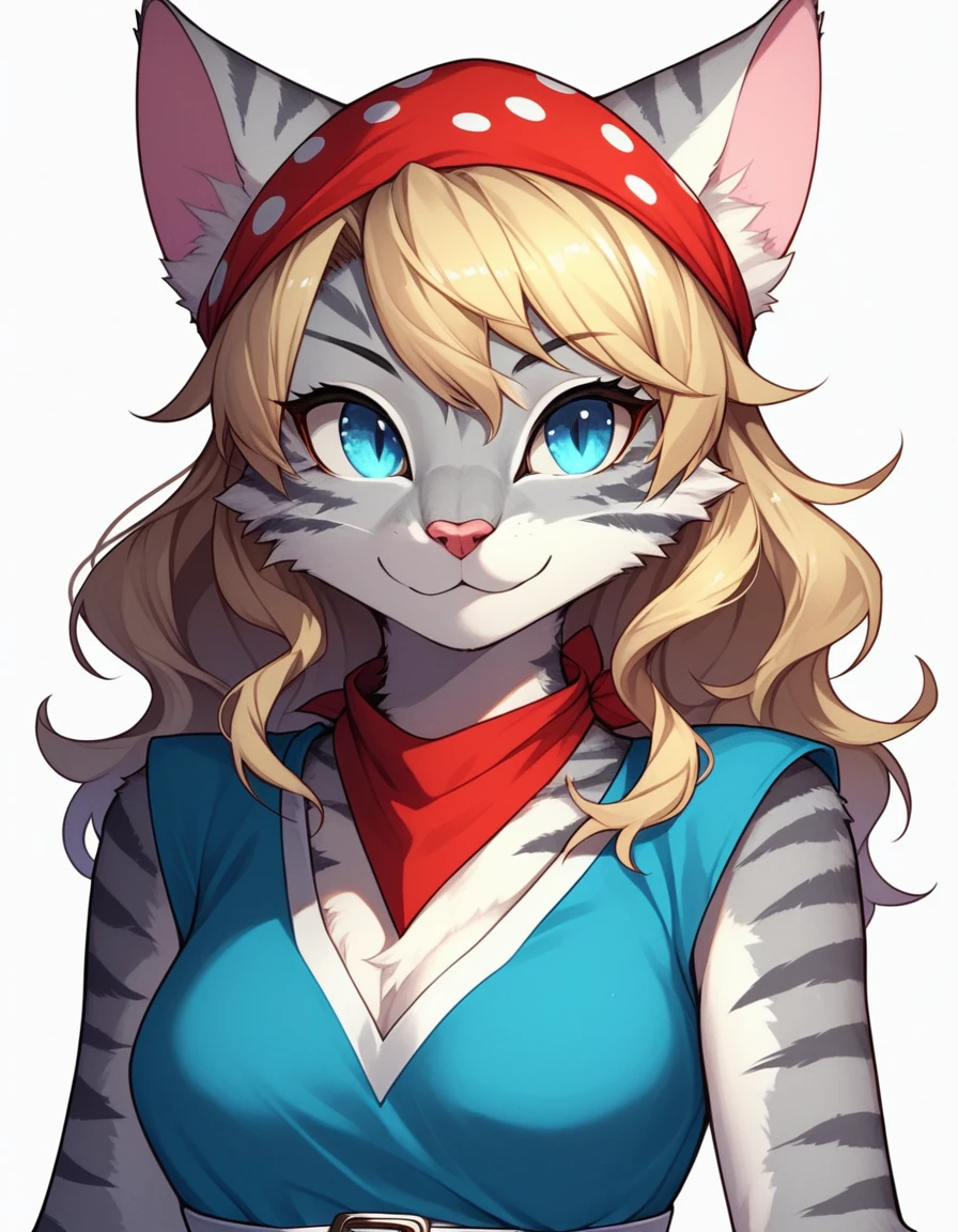 score_9,score_8_up,score_7_up, kemono style, Kat, Anthro furry feline, silver fur, grey stripes on body, blue eyes, short wavy blonde hair, red polka dot bandana tied to head, pink nose, :3, upper body shot, portrait, wearing blue checkered romper, white belt,