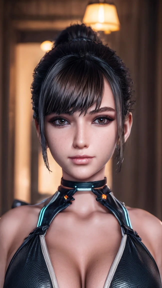 (masterpiece), best quality, expressive eyes, frontal pose, smile closed, perfect face,portrait face , Medium breasts, Brown eyes, Eve, Short bob haircut, Stellar blade, Fringe hair, Athletic body, Ponytail hair, unreal engine skin:0.3,blushing cheeks:1.4, tight breast, looking at viewer,, woman posing, cyberpunk bedroom, night, neon glow spothlighs in the walls,