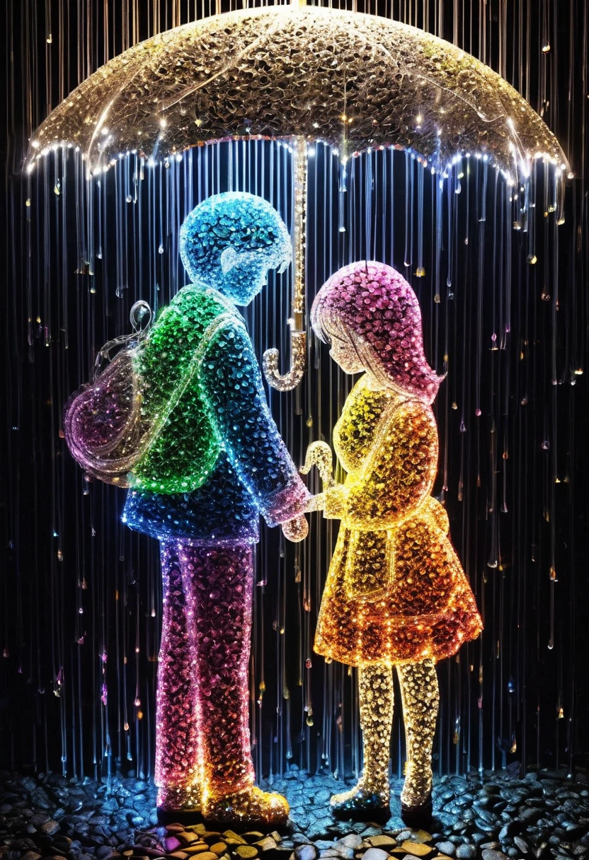 Crystal lighting effect Lights made of small colored stones combined with human shaped beam layer wire saw , in the rain、A man accidentally offered an umbrella to a sad-looking girl、A tender and gentle scene,It is skillfully shaped with thin rays of light...The background is a shiny black wall