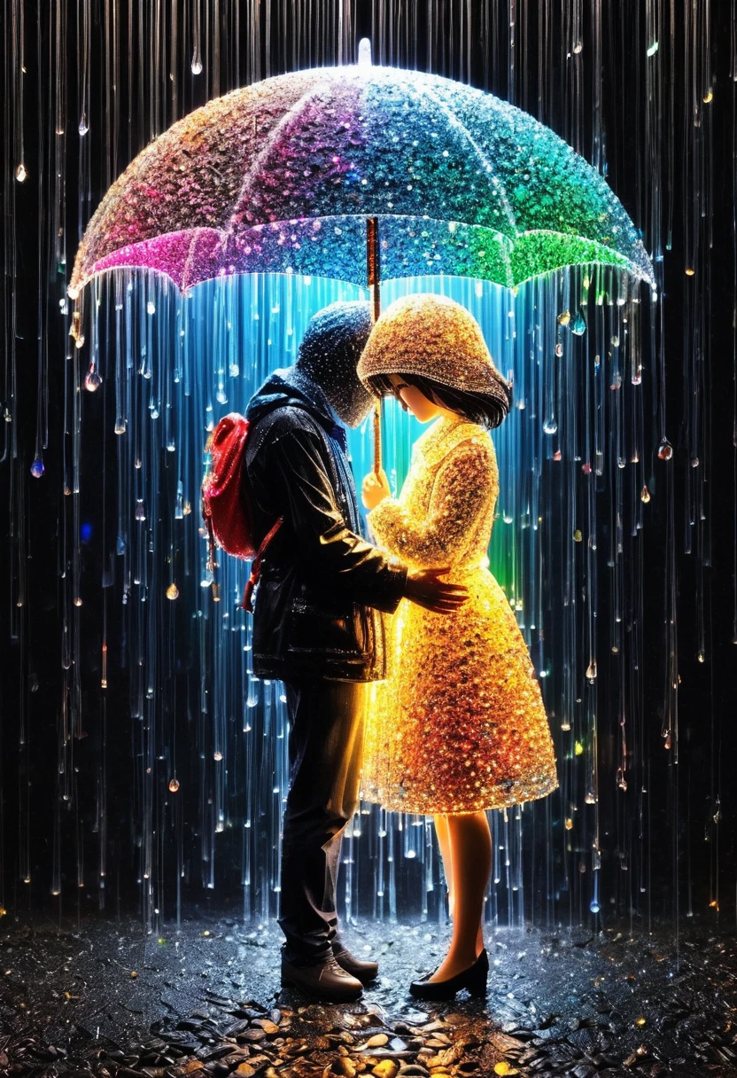 Crystal lighting effect Lights made of small colored stones combined with human shaped beam layer wire saw , in the rain、A man accidentally offered an umbrella to a sad-looking girl、A tender and gentle scene，It is skillfully shaped with thin rays of light...The background is a shiny black wall