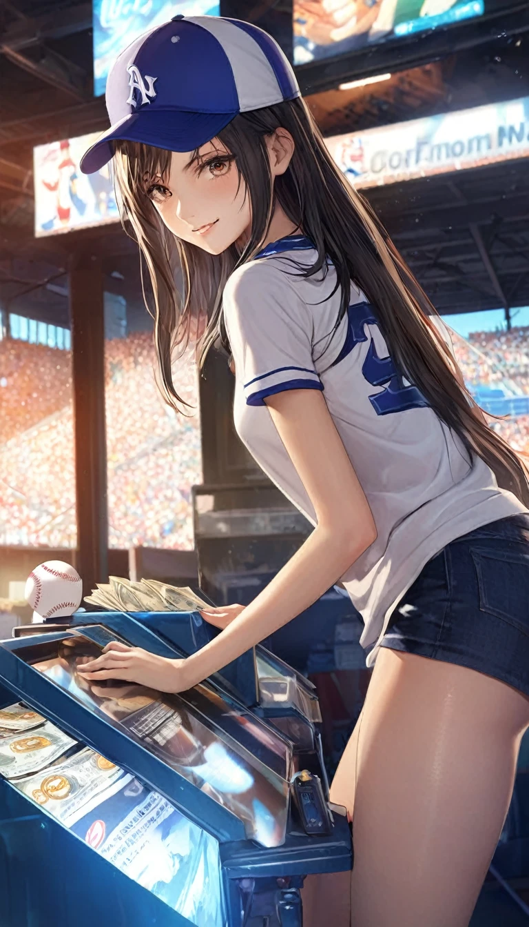 Highest quality, Super quality, 16K, Incredibly absurd, Very detailed, delicate and dynamic, SFW, Natural light, , Diffuse reflection of light, Vortex of Light, baseball Ground,mound, , , ,, Sparkling, Create amazing image effects, cash register, Upper body close-up, (cute sexy girl, , sexy long legs, Baseball pitcher, Sensual expression, fine, Active, smile, First pitch, , nervous, , black long hair, Baseball Uniform, hot pants, knee high socks, Wearing a baseball hat, Tifa Lockhart Final Fantasy VII )