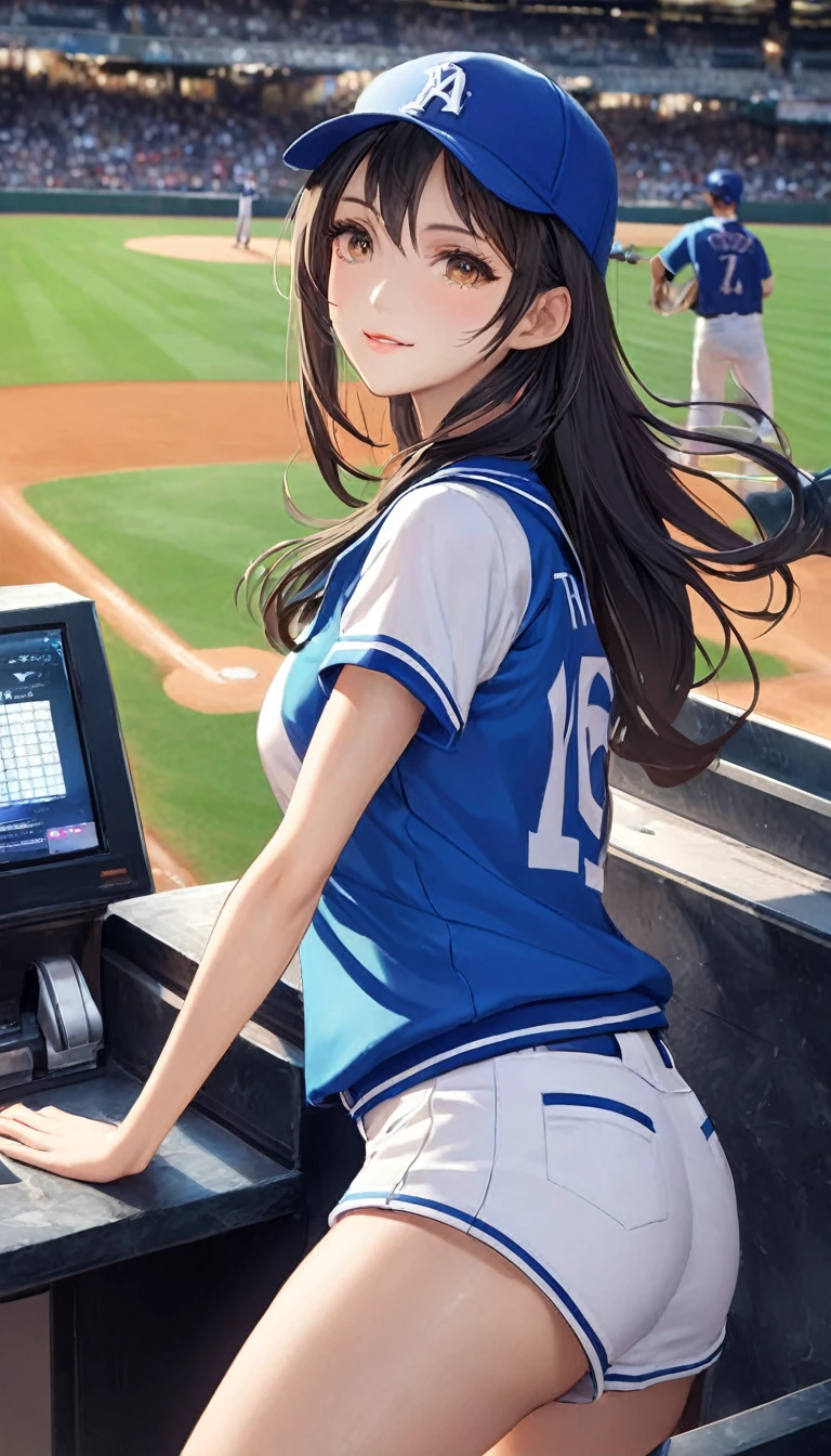 Highest quality, Super quality, 16K, Incredibly absurd, Very detailed, delicate and dynamic, SFW, Natural light, , Diffuse reflection of light, Vortex of Light, baseball Ground,mound, , , ,, Sparkling, Create amazing image effects, cash register, Upper body close-up, (cute sexy girl, , sexy long legs, Baseball pitcher, Sensual expression, fine, Active, smile, First pitch, , nervous, , black long hair, Baseball Uniform, hot pants, knee high socks, Wearing a baseball hat, Tifa Lockhart Final Fantasy VII )