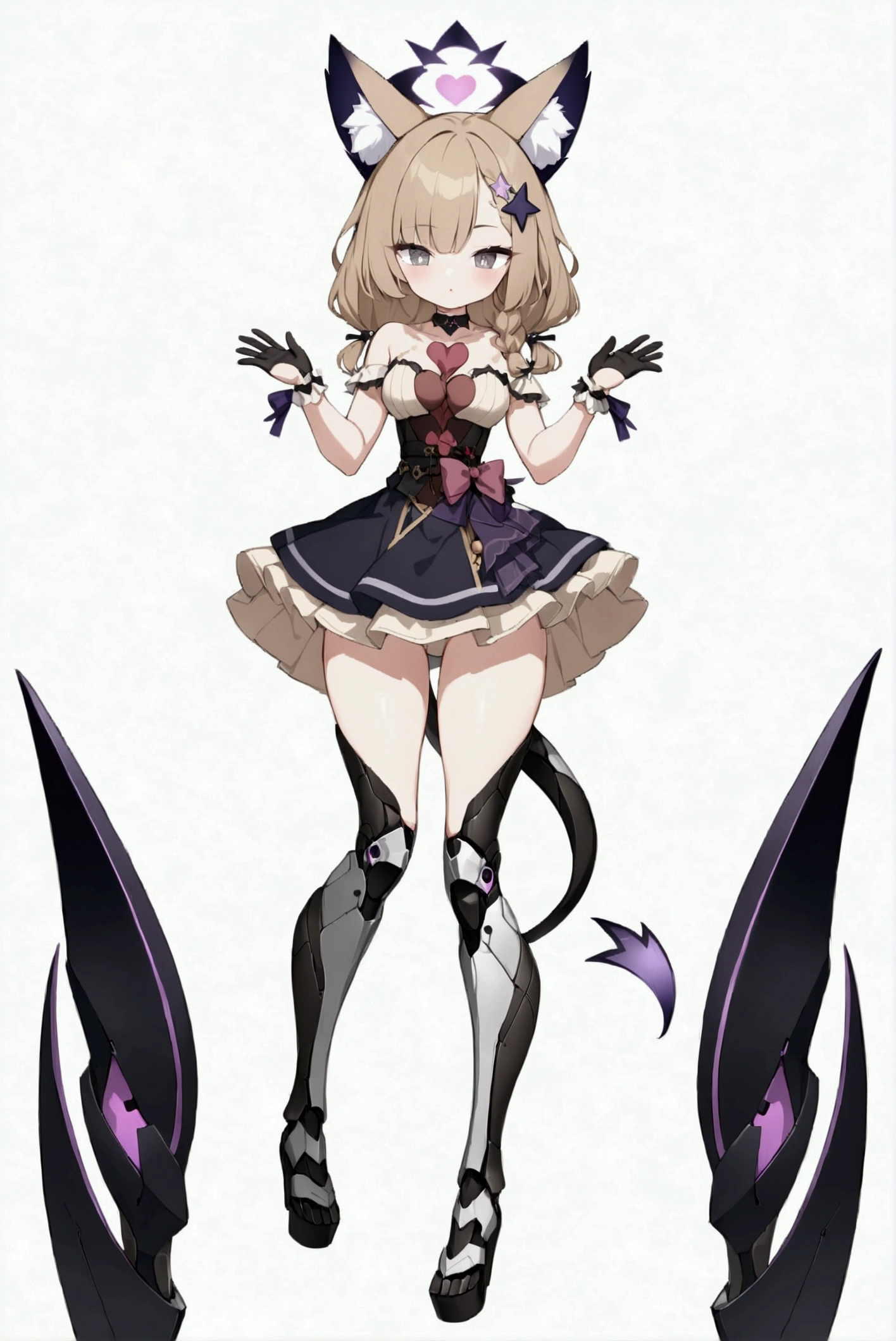 woman 170 cm tall. medium chest, wide hip, slim build, charming look, ((whole body)). (((character design sheet: front view))). (dark blonde hair, ((hip length wavy hair, asymmetrical bangs, star hairpin)), (She has a short braid tied with an elegant purple ribbon on the left side of her hair above her chest). (She has a short braid tied with an elegant purple ribbon on the right side of her hair above her chest). She has small hair ties in the back of her hair..). ((Gray eyes with a pink 4-pointed star in the pupil)). (Two black and purple fox ears located on the top of the head). (Luminous black horizontal halo with purple star patterns above his head). He has a black collar with a heart emblem on his neck.. (Elegant long one piece dress, thigh-length lace and ruffle skirt, ribbon decorations and star patterns on the dress). black gloves, Black platform heels. gray belt at the waist with a large ribbon with a luminous pink heart in the middle. ((It has a succubus tail that ends in the shape of a heart.)). (((It has complex mechanical legs that reach up to the thighs and are black with small purple details..))). beautiful detailed hair, beautiful detailed dress. extremely detailed arms. extremely detailed face, small face, Beautiful detailed eyes, beautiful detailed lips. adorable. extremely detailed legs. (Best Quality, 4k, high resolution), ultra detailed, Exquisite and epic character art, ((White background)). (Focus on symmetry).