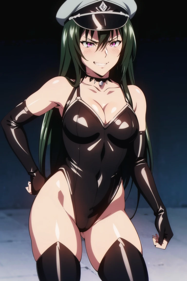 (((grinning lasciviously))), seductive anime girl, (((nefarious smirk))), [[[[grinning evily]]]], beautiful, masterpiece, ultra detailed, extremely detailed, ultra high res, 8k, beautiful detailed face, anime screencap, heart shaped face woman, (black hair:1.2), long hair, hair between eyes, large breasts, fearless face, sharp face, slant eyes, cat eyes, 170cm tall, (((adult))), perfect proportion, (((black high-leg leotard))), (((dare shoulder))), cleavage, (((thigh boots))), (((spiked choker))), (((military cap))), anime style, ultra detailed beautiful face and eyes, front view, raw photo, incredibly absurdres, Beautiful portrait of cute anime girls, super fine illustration, full-hd, hdr, best aesthetic, distinct, exquisite, masterwork, by famous artist, highers, (((perfect anatomy))), mocking, (((rape face))), (((evil grin))), intense eyes, sadistic, gleaming skin, oil skin, slut face, (((full-face blush))), smirking, mischievous grin, furrowed mouth, both legs, pouty lips, downturned corners, rosy hue, grin widely, cheeky smirk, (((bad-tempered glare))), gloating, crazy smile, scary face, cruel smile, fang, connected teeth,, (((elbow gloves))), (((big connected teeth)), glare, grimace, smirk, (((scowling face))), smile broadly, symmetrical eyes, even eyes, perfect eyes, (((squinting eyes))), deep detailed eyes, shiny clothes, 1girl, solo, smug, smile grimly, (((dimpled smile))), pink eyes, (((cowboy shot))), (((laugh))), (((pleasure face))), (((brutality face))), (((scary face))), (((empty eyes))), anime best girl, [[[[grinning evily]]]], anime moe artstyle, collarbone, dare collarbone, fair skin, deep detailed eyes, extremely detailed beautiful face and eyes, perfect teeth, perfect mouth, adult face, clear eyes, perfect face, light eyes, 