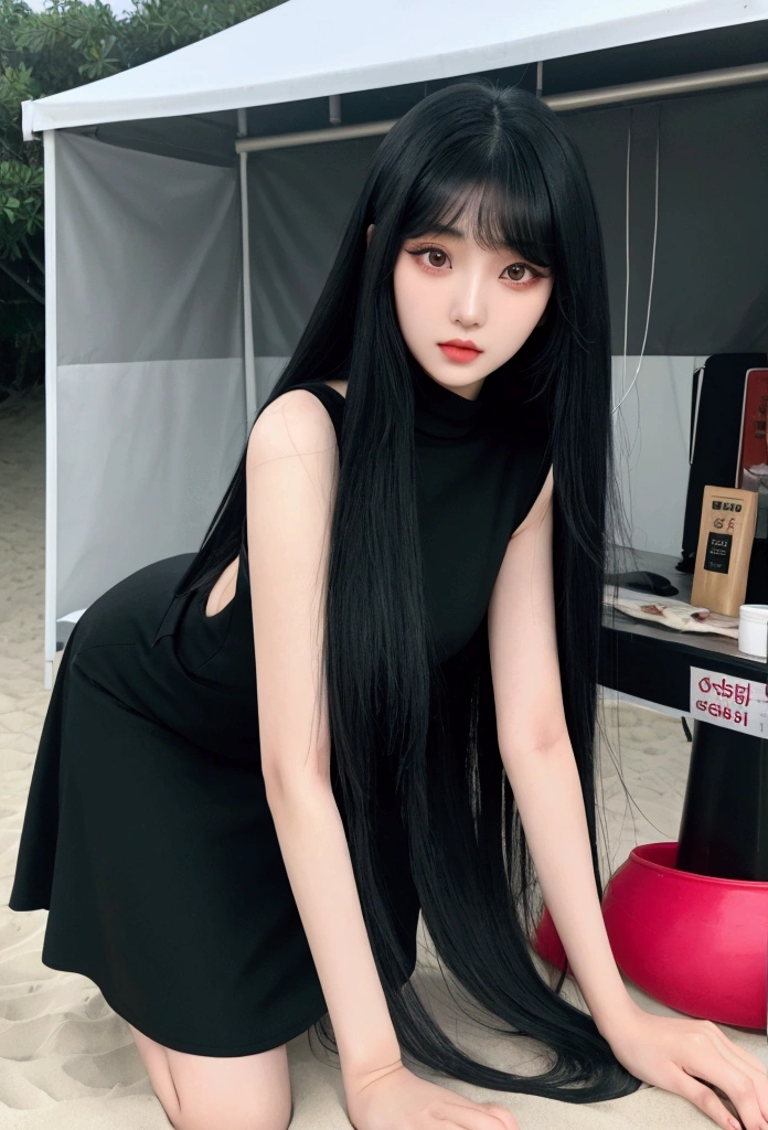 Araffe Asian young woman with long black hair and black dress, Ulzzang, Korean, She has black hair with bangs, Beautiful South Korean woman, beautiful young Korean woman, Asian girl, Beautiful Asian, adorable and pale Korean face, black hime haircut , cruel Korean gothic girl, with long hair, jaeyeon nam, long straight bangs, in front of the kiosk on the beach 