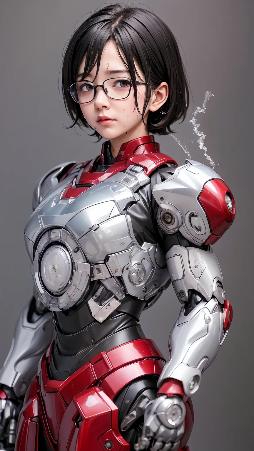 Highest quality　8k Iron Man Suit Girl　Kindergarten girl　Sweaty face　cute　short hair　boyish　Steam coming out of my head　My hair is wet with sweat　The feel of black hair　Full body portrait　My upper body is soaked　Glasses