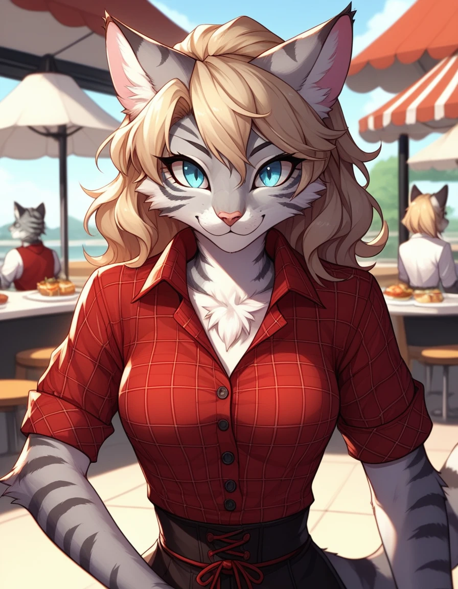 score_9,score_8_up,score_7_up, kemono style, Kat, Anthro furry feline, silver fur, grey stripes on body, blue eyes, short wavy blonde hair, red bandana tied to head, pink nose, :3, upper body shot, portrait, wearing red plaid tied collared shirt, black waist shorts with buttons, outdoors, standing in front of a 1940s diner, on hand one waist, cowboy shot