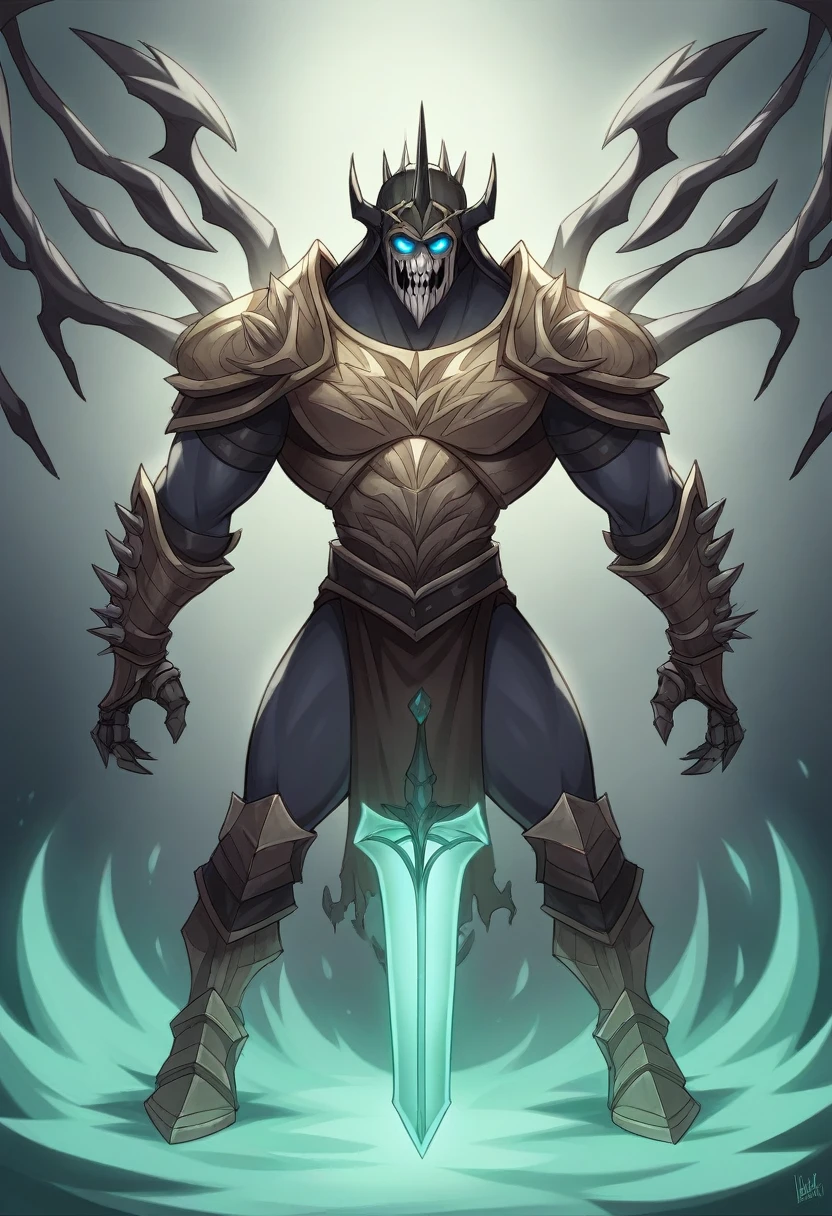 Create a detailed character design for a Nephilim knight, blending elements of celestial heritage and dark, forbidding armor reminiscent of a Death Knight. This character should embody a fusion of divine power and ominous presence. Take inspiration from the Warcraft universe, particularly the character of Arthas, in both his princely and Death Knight forms.
**Character Background:**
- **Name:** Seraphim Arcturus
- **Lineage:** Half-angel, half-human, with a tragic past that led to his fall from grace.
- **Role:** A fallen protector turned dark avenger, bound to both celestial duties and a cursed destiny.
**Physical Appearance:**
- **Height:** 6'6"
- **Build:** Muscular and imposing, yet retains an ethereal grace.
- **Eyes:** Glowing with an icy blue light, reminiscent of the Lich King's gaze.
- **Hair:** Long, silver, and flowing, often seen peeking out from beneath his helmet.
- **Wings:** Once pure and angelic, now tattered and darkened with shadowy tendrils.
**Armor:**
- **Design:** Heavy, ornate Death Knight armor with intricate engravings and glowing runes. The armor should combine elements of angelic design (such as feathers or wing motifs) with dark, corrupted aesthetics (like skulls, spikes, and jagged edges).
- **Helmet:** A fearsome helm that covers the entire face, leaving only the glowing blue eyes visible through the slits. It should have a crown-like structure, echoing the fallen royalty theme.
- **Chestplate:** Massive and broad, with a central glowing rune and faint traces of angelic sigils that have been corrupted.
- **Gauntlets:** Clawed and spiked, capable of channeling dark energy.
- **Leg Armor:** Heavy greaves with sharp, angular designs, covered in dark, shadowy engravings.
**Weapon:**
- **Sword:** A massive, rune-inscribed blade that exudes a frosty aura, similar to Frostmourne. The