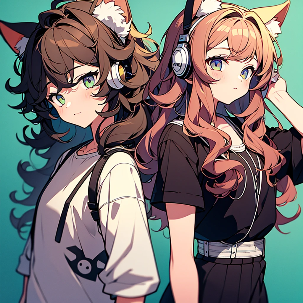 Girl with cat ears standing with a boy with curly hair and headphones