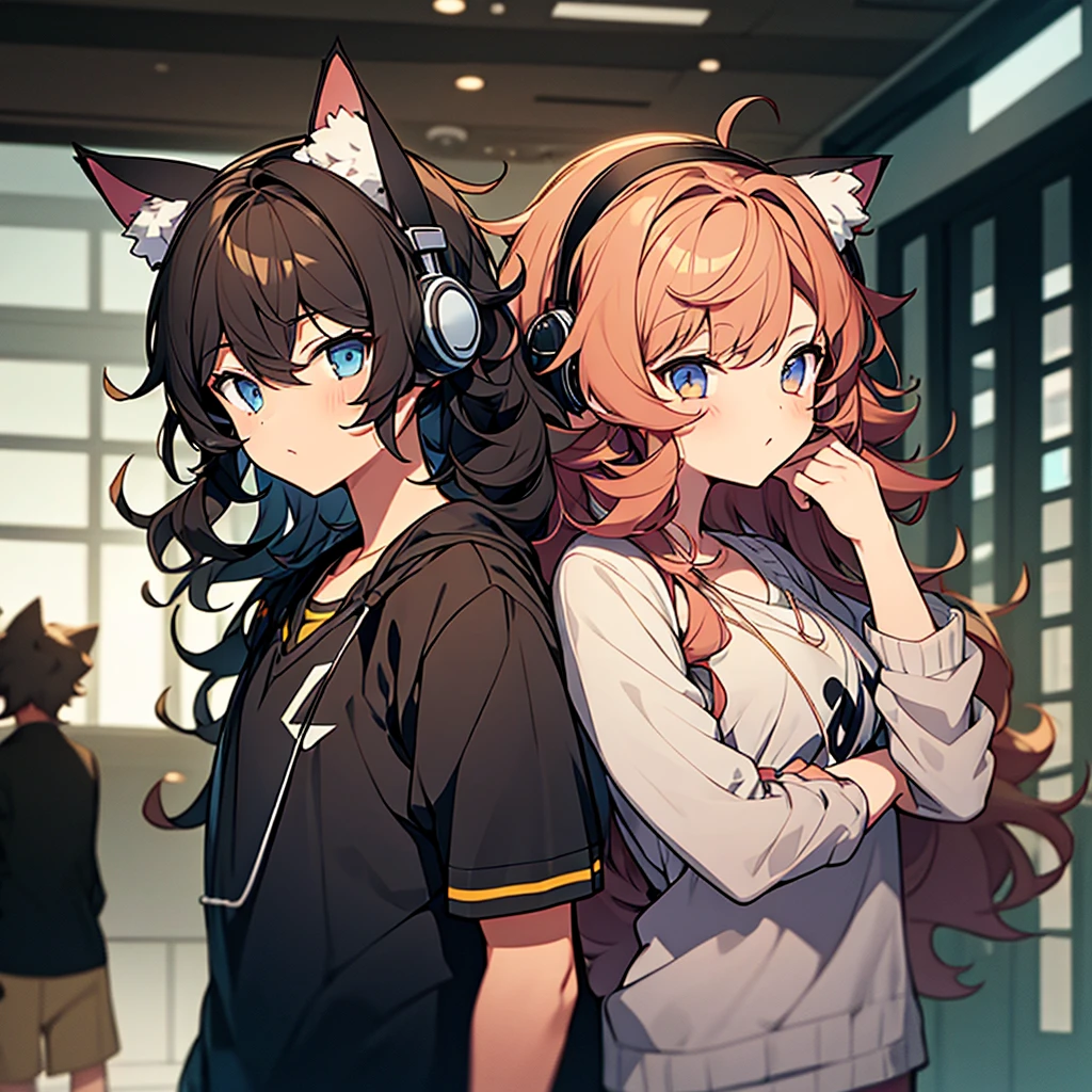 Girl with cat ears standing with a boy with curly hair and headphones