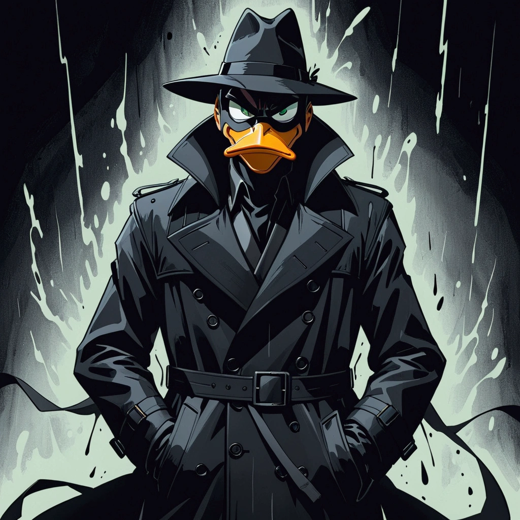 splash page, cinematic, daffy duck wearing black trenchcoat, abyss black void coat, shades of darkness, no light source, hand drawn, animated, rotoscope, consuming insatiable darkness black trenchcoat