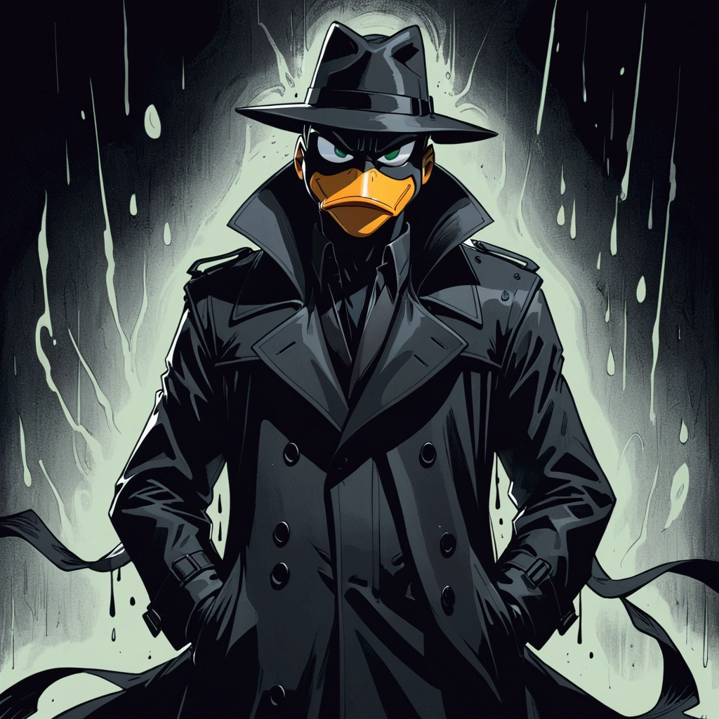 splash page, cinematic, daffy duck wearing black trenchcoat, abyss black void coat, shades of darkness, no light source, hand drawn, animated, rotoscope, consuming insatiable darkness black trenchcoat