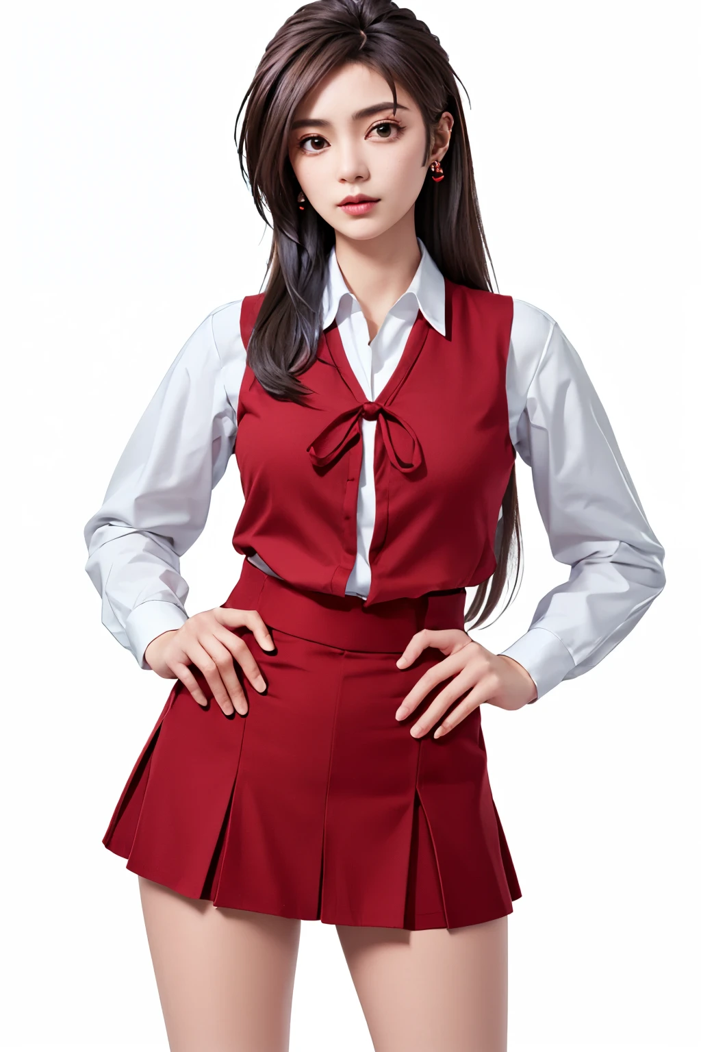 ember eyes, tall, hands on crotch, a full-body shot, long legs, largr breast,earrings,mini skirt,masterpiece, best quality, long hair, standing,Simple White Background, mio serizawa, long sleeves,red ribbon,white shirt, vest, beauty face