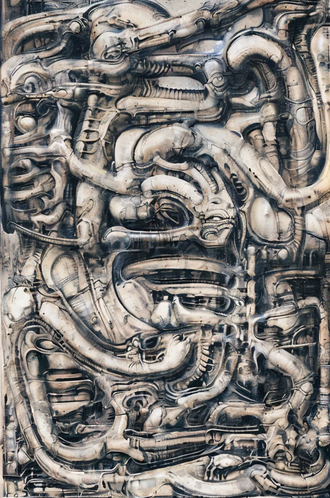 xGiger, Tableau with some of the artistic techniques and compositional features used in /“Biomechanical landscape No 312/” by H r (Hans Rudie) Giger:
The image is a surrealistic artwork featuring an alien robotics humanoid figures, each with a unique design, surrounded with pipes and gears, set against a background of intricate machinery
The central focus of the image is a nightmarish tableau of two biomechanical heads. They are connected by a network of pipes and tubes that appear to be either feeding them or draining them. The heads themselves are elongated and skeletal, with gaping maws. Their eyes are empty sockets, and their expressions are vacant and emotionless.
Heads are humanoid but industrial and ivorysh, with pipes and wires integrated throughout their structure. One face appears to be screaming, the other has its mouth open like a maw. They are surrounded by various mechanical doodads and tubes, and blend seamlessly into the background of industrial machinery.The biomechanical heads could have represented some kind of alien creatures, or they could have been machines that had become sentient
Used Airbrushing is a technique for applying paint using a device that sprays a fine mist. It is often used to create smooth, even coats of paint, and it can be used to create very detailed effects. Giger's use of airbrushing in this image creates a hyperrealistic quality to the biomechanical landscape, making it appear even more alien and unsettling. It is also often used to create very smooth and even gradients of color.
The use of a dark palette with blacks, purplish browns, and grays creates a sense of mystery and dread. The dark colors obscure the details of the image, making it difficult for the viewer to see what they are looking at. This ambiguity adds to the unsettling nature of the work. The dark colors also help to emphasize the biomechanical elements in the painting.
The background features even more machinery, including pipes, gears, and cables.