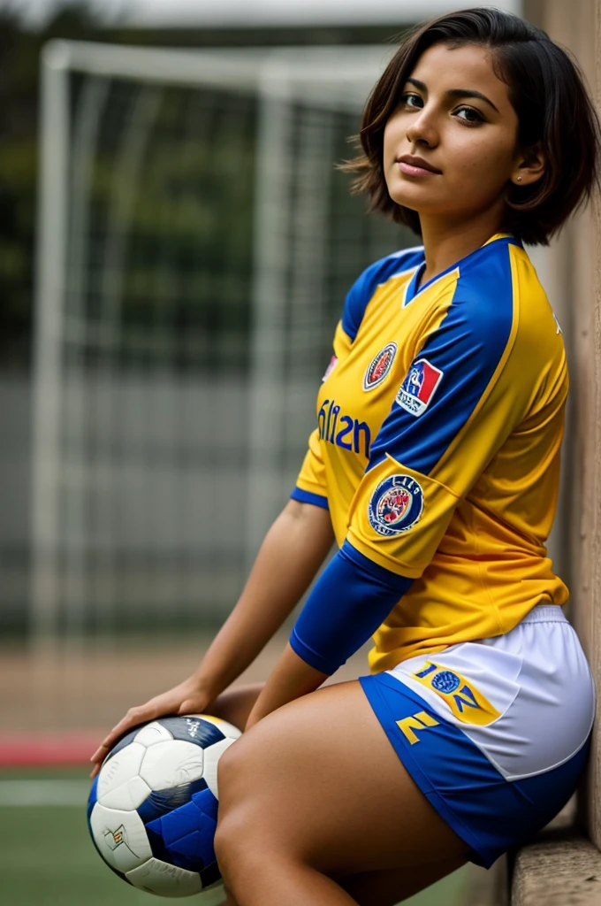 Girl with short hair wearing a Colombian soccer team shirt 