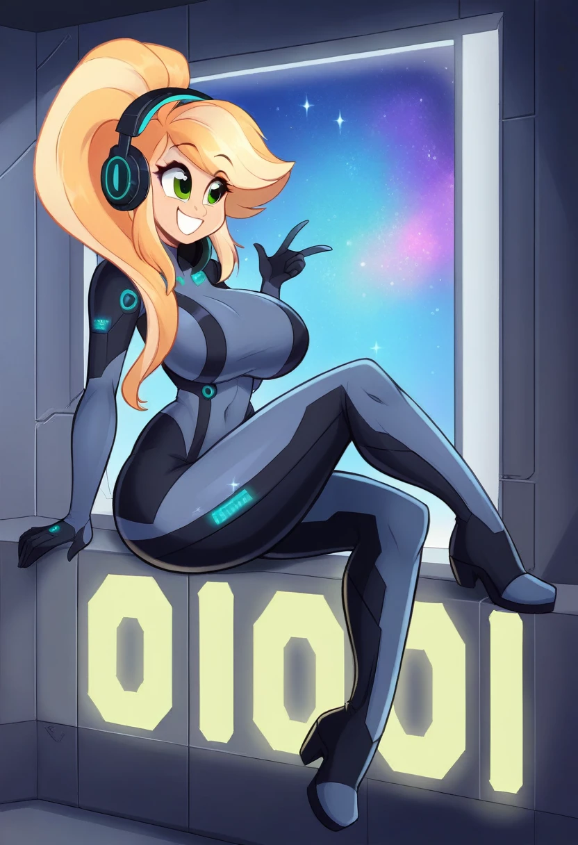 masterpiece:1.4, 1girl in ((20yr old, Dressed in a tight futuristic bodysuit in white and silver, long boots, huge-breasted, Multicolored blonde hair, twin ponytail, Perfect model body, Green eyes:1.4, Wearing headphones, Flirting, Happy, Big smile, Looking out the window of the futuristic sci-fi space station、While admiring the beautiful galaxy:1.2, SFSF control room on night background:1.1, Neon and energetic atmosphere:1.2)) ((Galaxy)) ((Solo:1.6))