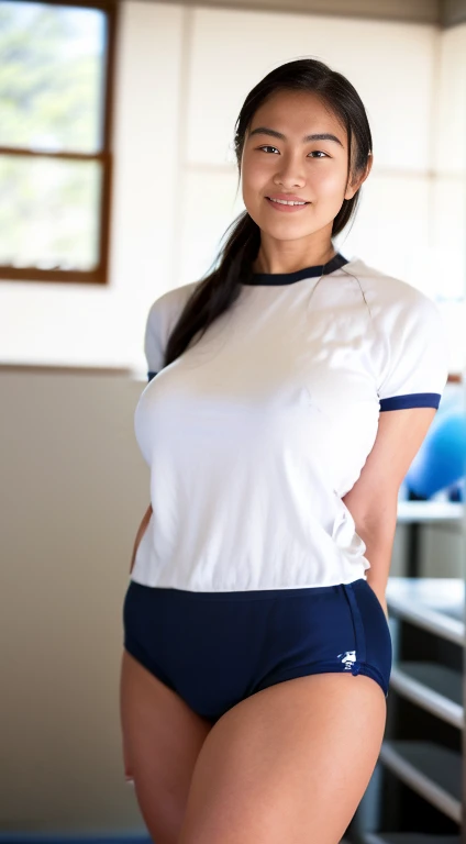 Portrait from head to knee、alone、high school girl、White skin、Natural Makeup、Black Hair、bangs、Straight Long Hair、((School-designated gym clothes))、((The upper body is a white short-sleeved gym uniform))、((Long white gym clothes))、(((Very tight bloomer rise bloomers)))、(((Navy Bloomer)))、(((Tuck the bottom of your gym clothes into your bloomers)))、Big Breasts、Big Ass、(((Schoolyard)))、((Realistic fingers))、((Perfect Style))、((Realistic body shape))