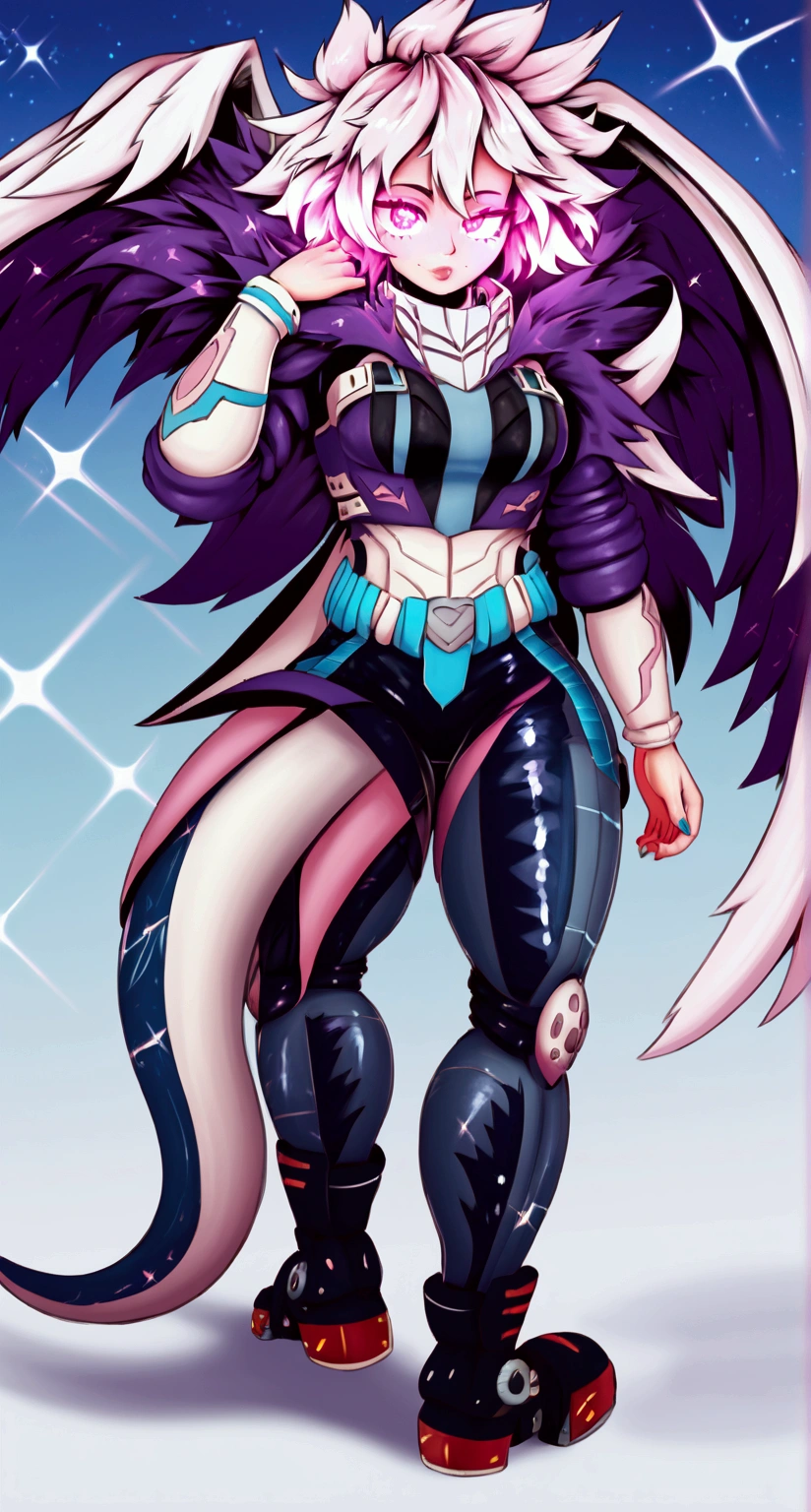 muscular man, futuristic detailed outfit, glowing eyes, pink eyes, white hair, dark background, stars, colorful, my hero academia style, best quality, 4k, 8k, highres, masterpiece:1.2, ultra-detailed, realistic, photorealistic, photo-realistic:1.37, HDR, UHD, studio lighting, ultra-fine painting, sharp focus, physically-based rendering, extreme detail description, professional, vivid colors, bokeh