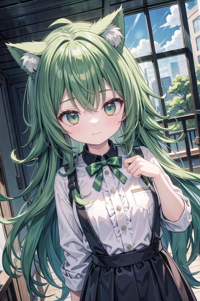 Super Deformed green hair Cat ears Curly hair